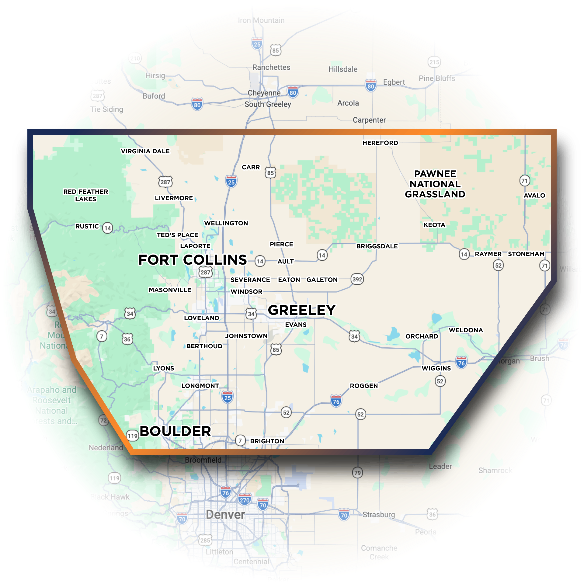 Skyline Concrete service area map across Northern Colorado